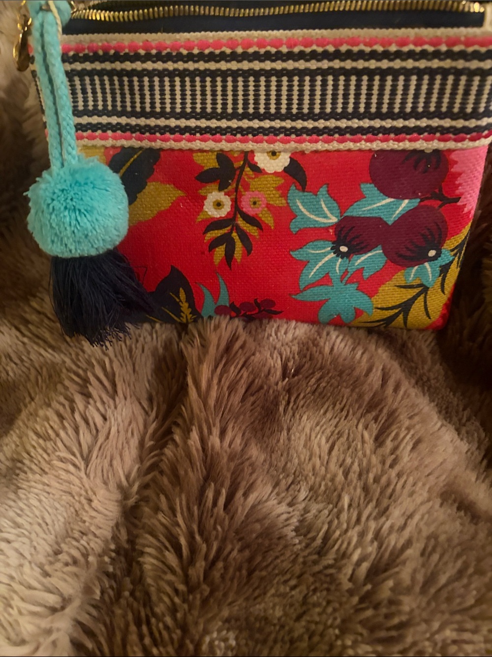 Spartina 449 Red Floral Cosmetic Pouch with Turquoise Pom
